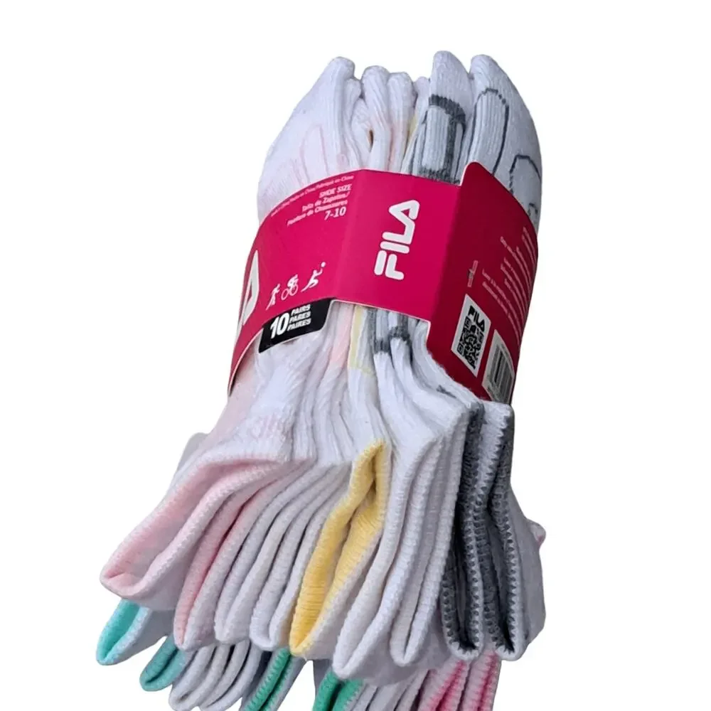 NWT Fila 10 Pairs Comfort Knit Soft Socks Bonus 3 Hair Ties Girls 7 to 10 Shoe